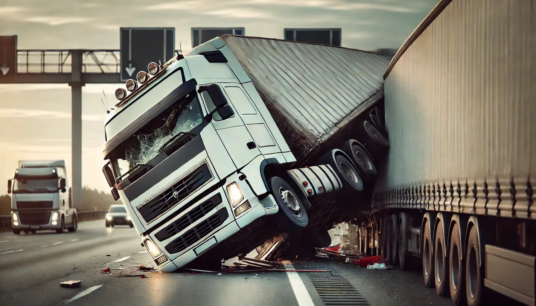 DALL·E 2024-08-07 15.02.54 - A transport truck crash scene on a highway with the truck almost falling over. The truck is damaged, leaning precariously, and its cargo is partially -1